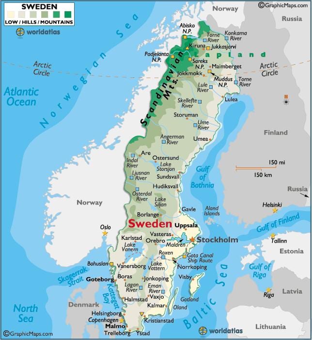山在瑞典的地图
